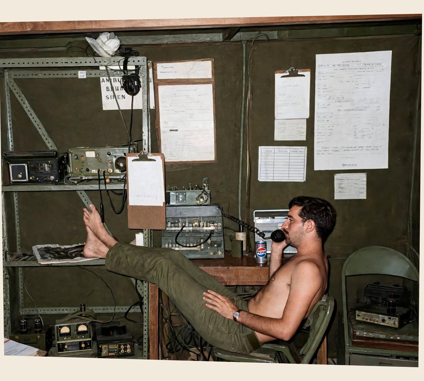 After: Vietnam-era photo of a young soldier at a field switchboard, restored and colorized
